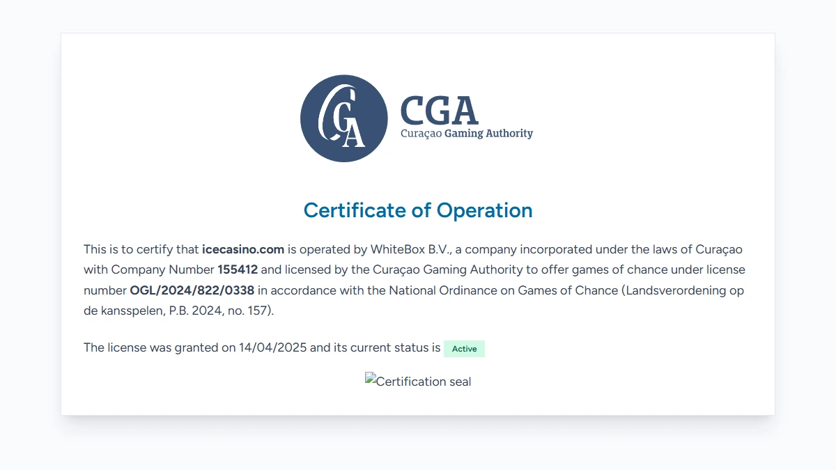 Certyfikat Curaçao Gaming Authority dla Ice Casino